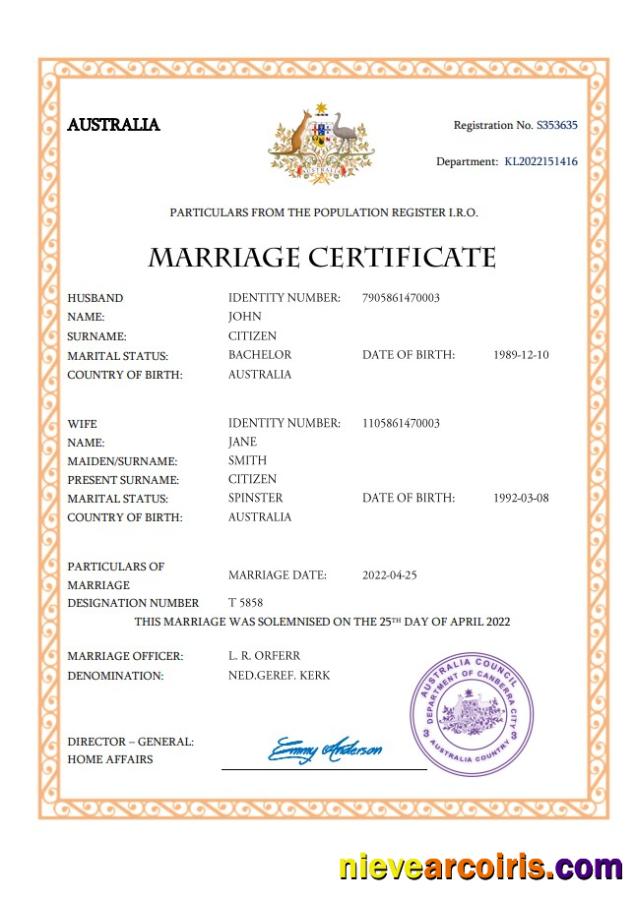 Australia marriage certificate